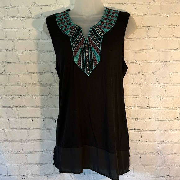 Espresso tunic with embroidered neck and sheer panel - Picture 1 of 9